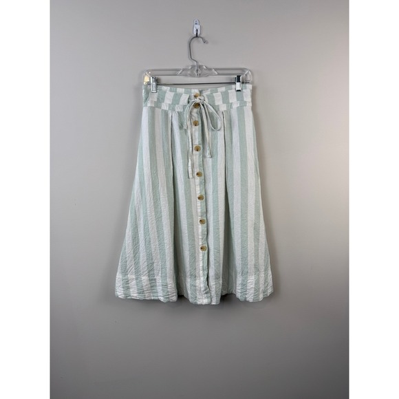 a new day Dresses & Skirts - A New Day Midi Skirt Women's S Green Striped Linen Blend Button Front Tie Waist
